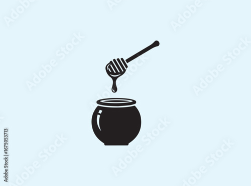 Minimalist vector silhouette of honey dipper and honey pot in solid black
