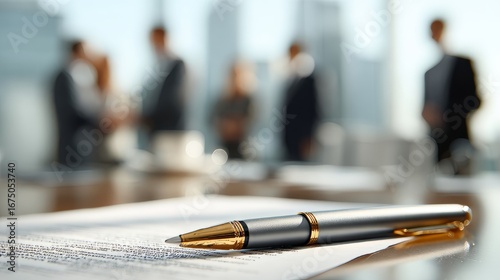 Wallpaper Mural Close-up of pen and contract document on table with business people in background during corporate meeting, office negotiation, and professional agreement concept Torontodigital.ca