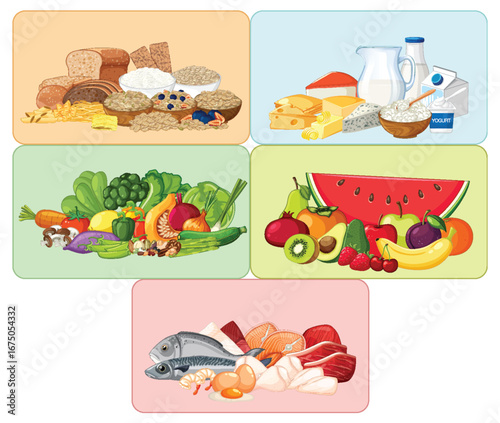 Balanced Food Groups Vector Illustration for Healthy Diet