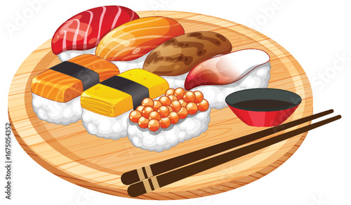 Assorted Sushi Platter with Chopsticks and Soy Sauce