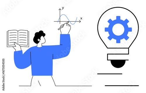 Individual sketching graph axis with pen, holding book in other hand, beside lightbulb featuring gear. Ideal for education, learning, innovation, strategy, problem-solving, creativity simple flat