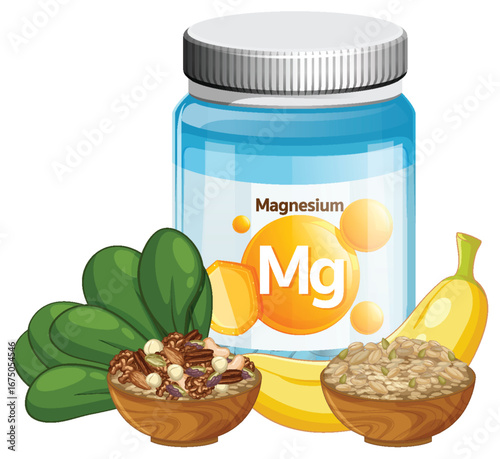 Magnesium Supplement Bottle with Healthy Food Sources