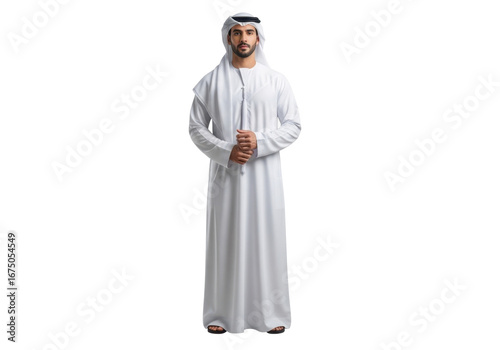 Man in Traditional White Dress with Headscarf Standing Confidently Against a Transparent Background