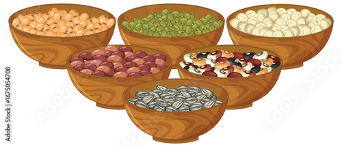 Assorted Beans and Seeds in Wooden Bowls Illustration