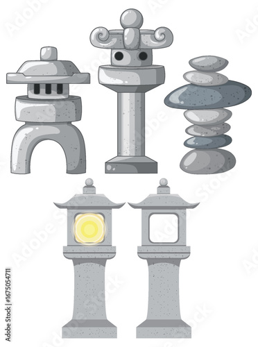 Traditional Japanese Stone Lanterns and Garden Rock Stacks Vector Set