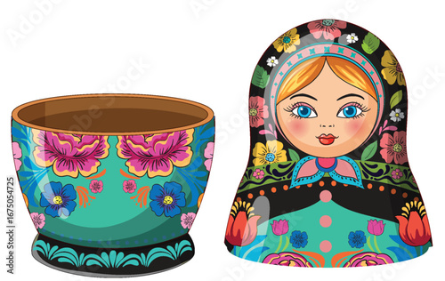 Colorful Russian Matryoshka Doll Opened in Two Halves