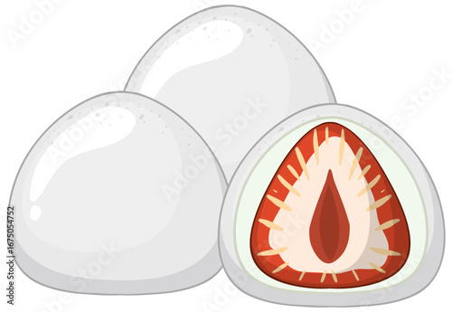Japanese Strawberry Mochi with Red Bean Filling Vector Illustration