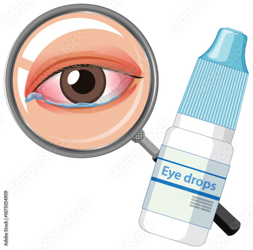 Red Eye Under Magnifying Glass with Eye Drops Bottle