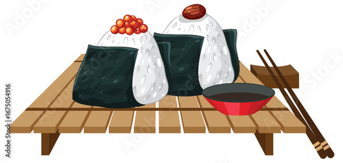 Japanese Onigiri Rice Balls with Seaweed on Bamboo Tray