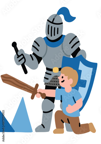 Knight teaching a boy playing with a wooden sword