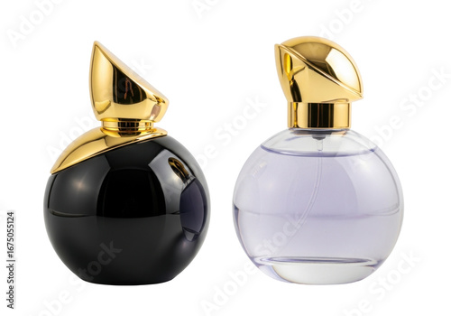 Elegant Black and Purple Perfume Bottles with Gold Accents on Transparent Background