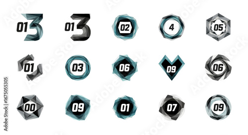 Set of modern abstract geometric number icons with layered, transparent shapes and a faceted design.
