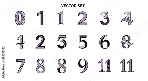 Artistic Vector Number Set: Decorative Purple and Grey Digits with Ribbon, Geometric, and Swirl Styles