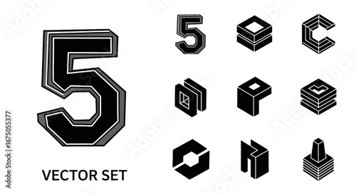 Monochrome vector set featuring a layered number five and abstract isometric geometric shapes.