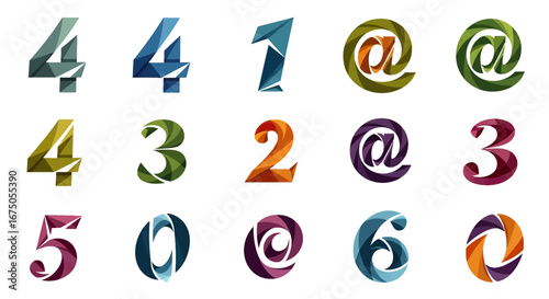 Abstract collection of colorful polygonal numbers and swirling at-symbols for logo design.
