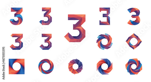 A set of modern polygonal logos featuring the number three and abstract swirling shapes with a vibrant blue, purple, and orange gradient.