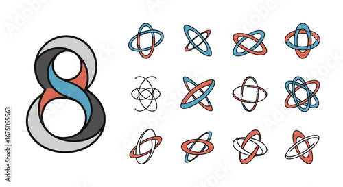 Set of abstract logo icons with intertwined blue and red orbital rings and a stylized number eight.