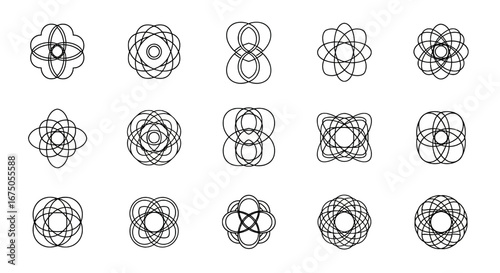 Set of fifteen abstract geometric symbols, intricate black line art icons with overlapping elliptical and circular shapes.