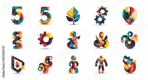 Vibrant Abstract Geometric Icons Set with Mosaic Style, Featuring Numbers, Gears, and Human Figures