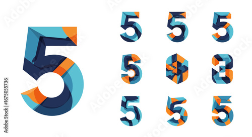 Stylized Number Five Designs with Layered Abstract Geometric Patterns