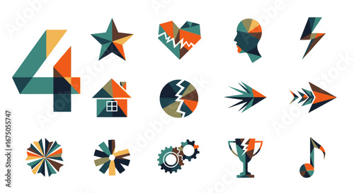 A diverse collection of geometric polygonal icons and symbols with a retro color palette.