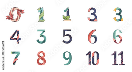 Artistic Numbers 0 Through 11 with Unique Decorative Styles