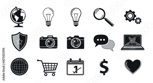 Monochrome flat design icon set featuring diverse symbols like globe, lightbulbs, cameras, shopping cart, and communication elements.