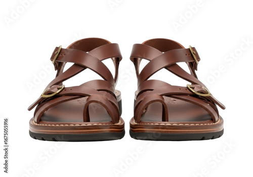 Brown Leather Sandals with Crossed Straps and Buckle Detail on a Transparent Background