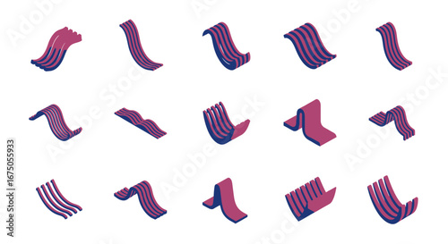 Isometric Pink and Blue Striped Shapes in Various Poses and Arrangements