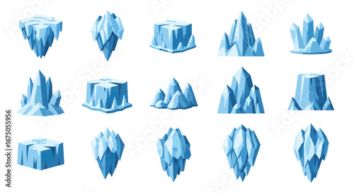 Collection of Cartoon Icebergs and Ice Formations in Various Shapes