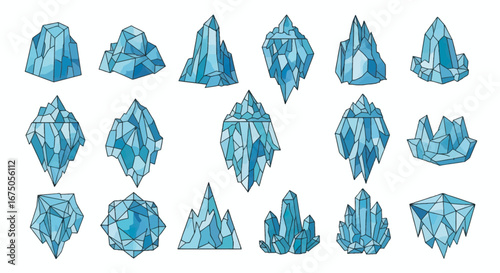 Collection of Stylized Blue Iceberg and Crystal Formations