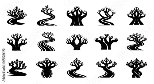 A collection of black stylized fantasy tree icons with winding trunks and abstract foliage.
