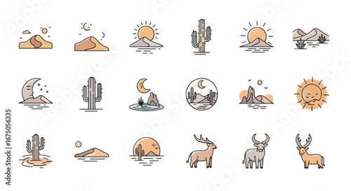 Set of minimalist desert icons with thin outlines and color accents, depicting landscapes and wildlife.