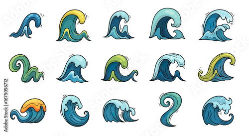 A diverse set of stylized cartoon ocean waves, featuring curling crests, vibrant colors, and dynamic black outlines.