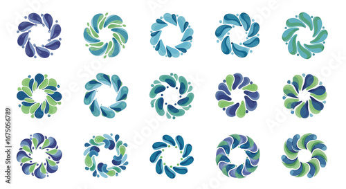 Set of abstract circular logo templates with swirling blue and green water drop shapes, creating dynamic wreaths.
