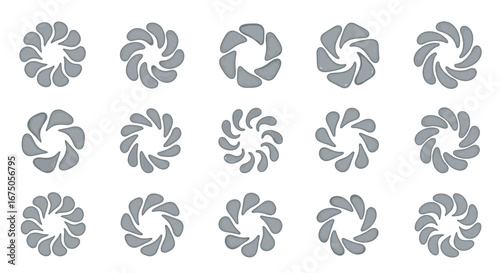 Set of hand-drawn grey abstract circular symbols with swirling, blade-like elements, creating a vortex or shutter effect.
