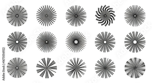 Diverse grayscale abstract radial fan and turbine designs with varying blade patterns