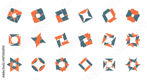 Set of abstract geometric logo templates in orange and teal, featuring dynamic, angular, and rotational shapes for modern branding.