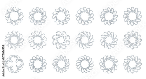 Set of hand-drawn grey line art mandalas, abstract circular wreaths made of swirling teardrop shapes.