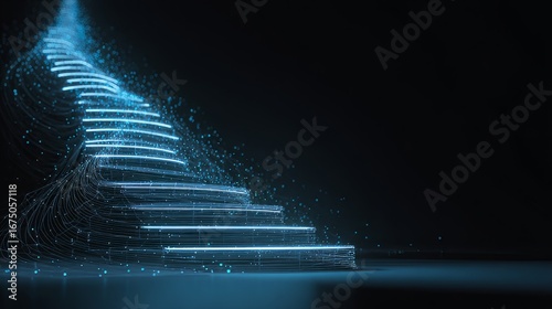 Futuristic 3d staircase design with glowing blue neon lines on a dark background, abstract illustration symbolizing growth, progress, innovation, and reaching new heights for technology, business, and