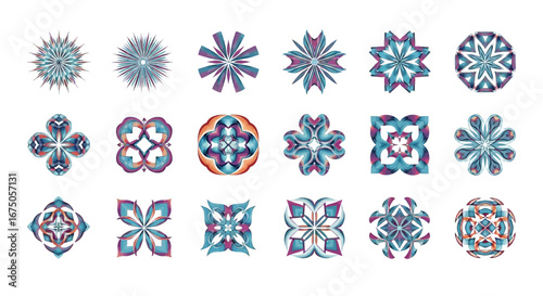 Collection of Intricate Geometric Mandala-like Ornaments with Teal, Purple, and Orange Hues