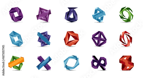 Set of diverse abstract geometric polygonal shapes, featuring faceted surfaces and vibrant colors, modern 3D style.