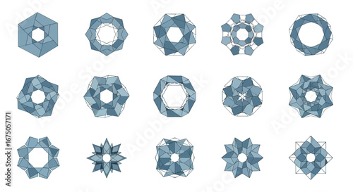A diverse collection of blue-gray geometric polyhedra, featuring complex faceted designs and intricate wireframe outlines.