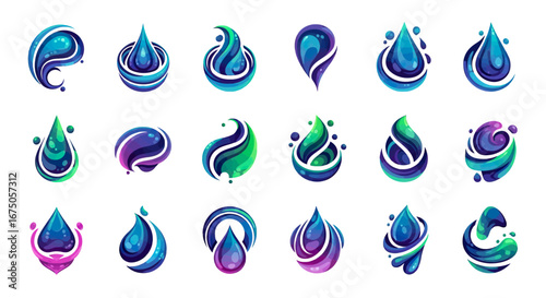Vibrant collection of abstract water drop and splash logo icons with glossy, colorful gradients and dynamic swirls.