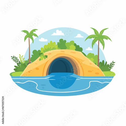 Cartoon Tropical Island Landscape With Cave And Palm Trees