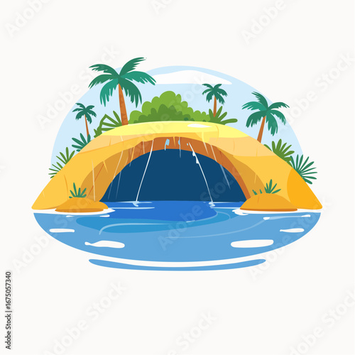 Cartoon Tropical Island With Cave And Waterfalls