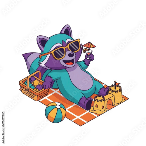 Playful Cartoon Raccoon Enjoying Summer Beach Day with Sunglasses and Picnic Basket