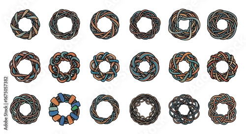 A colorful hand-drawn set of eighteen intricate woven circular knots and wreaths with a distinct black outline.