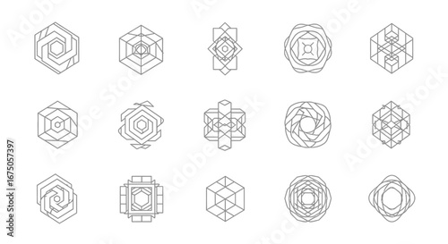 A collection of abstract geometric icons in a minimalist thin line style. Features complex hexagonal, cubic, and circular shapes for modern logo design.