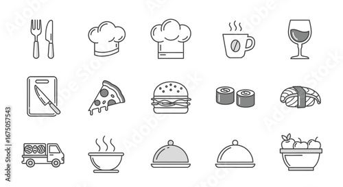 Collection of Stylized Food and Restaurant Icons in Gray Scale
